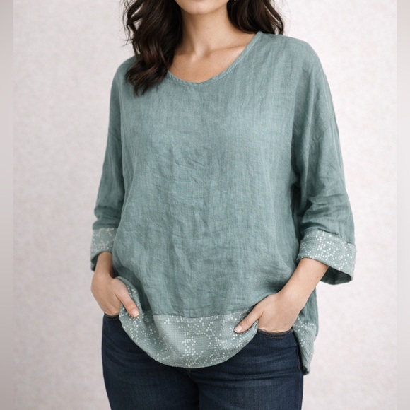 Bellambra Tops - New Bellambra Sequin Trim Light Teal Linen Dolman Sleeve Top size large